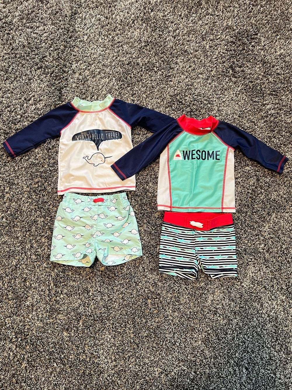 Two Baby 6-9mo Two-Piece Swim Sets with Navy Sleeves and Mint Panels